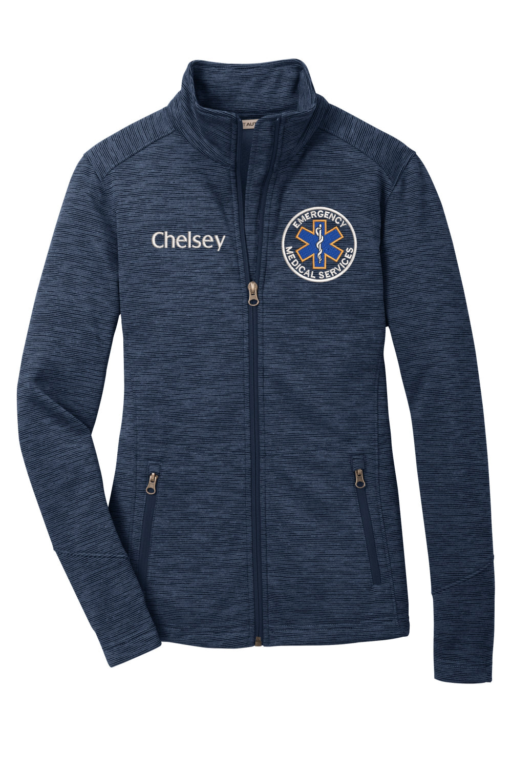 Navy blue jacket with personalized name and EMS logo