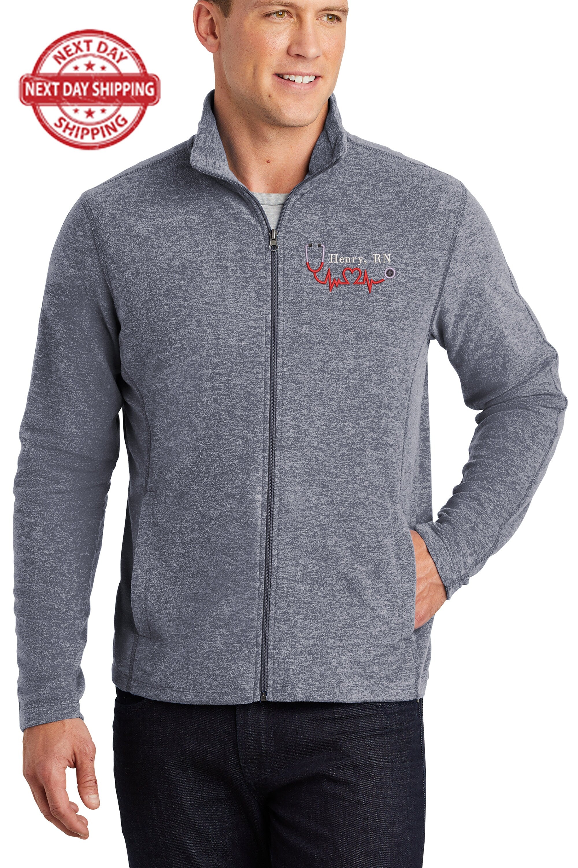 Personalized Nurse Embroidery Jacket, Microfleece Full-Zip Heather, Custom Medical Professional Gift